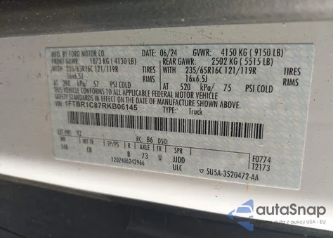 2024 Ford Transit-250 from USA, damaged, VIN 1FTBR1C87RKB06145